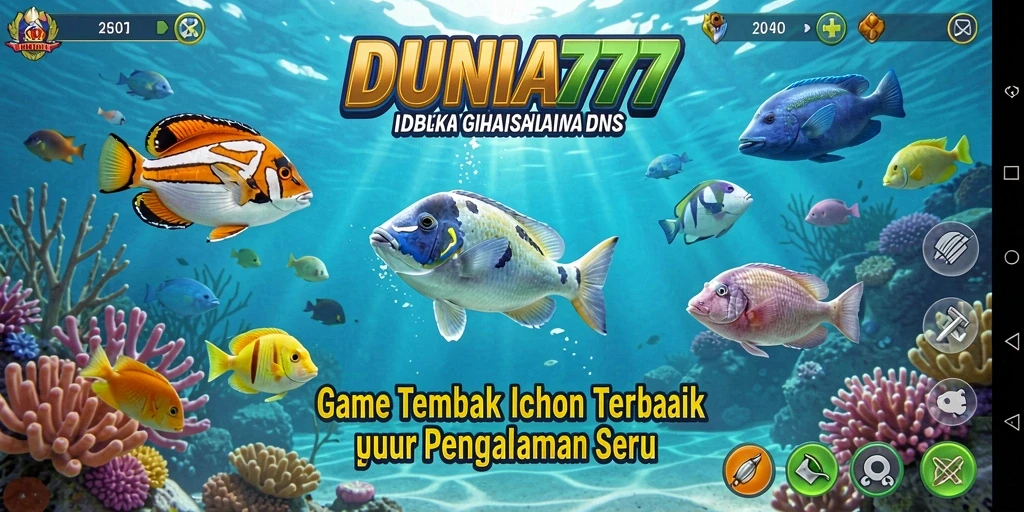 Tangkapan layar DUNIA777 menampilkan aksi menangkap ikan yang seru dan penuh warna.